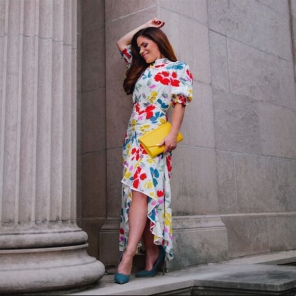 Rixo x Target Dress Floral Angel Sleeve Cascase Ruffle Georgette Midi - Picture 1 of 4